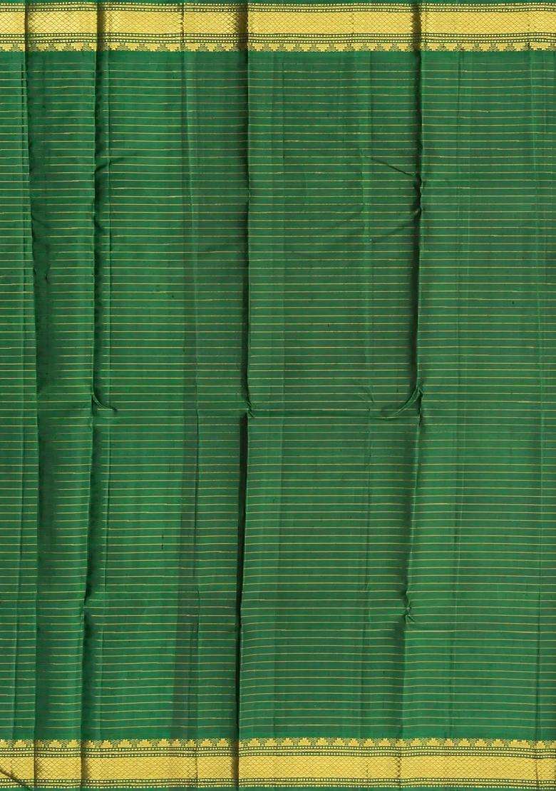 Black Handloom Kanchipuram Silk Saree With Checks Green Border With Checks And Stripes Design For Women - Indya