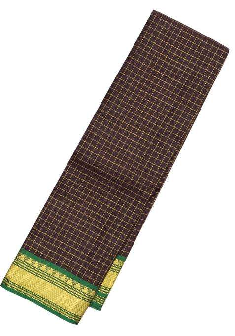 Black Handloom Kanchipuram Silk Saree With Checks Green Border With Checks And Stripes Design For Women
