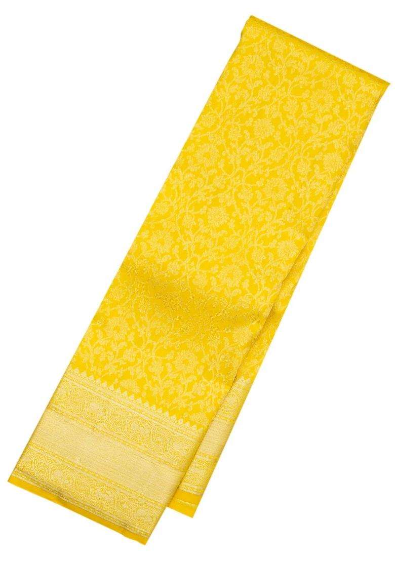 Yellow Handloom Kanchipuram Silk Saree With Floral Vine Motifs With Buttas And Brocade Design For Women - Indya