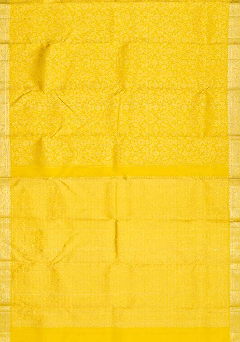 Yellow Handloom Kanchipuram Silk Saree With Floral Vine Motifs With Buttas And Brocade Design For Women - Indya