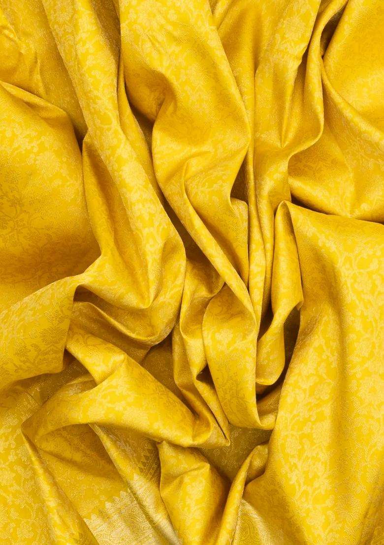 Yellow Handloom Kanchipuram Silk Saree With Floral Vine Motifs With Buttas And Brocade Design For Women - Indya
