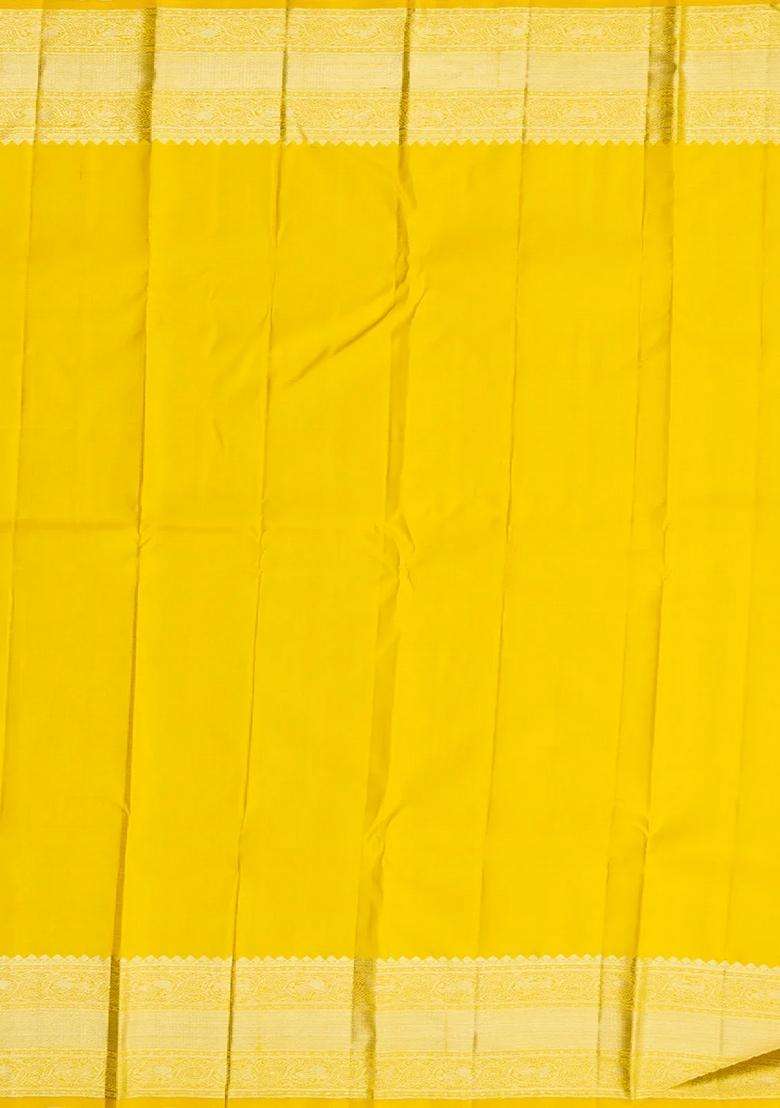 Yellow Handloom Kanchipuram Silk Saree With Floral Vine Motifs With Buttas And Brocade Design For Women - Indya