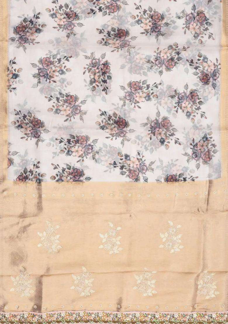Off White Woven Fuchsia Georgette Digital Printed Saree With Embroidered Motifs Handbag For Women - Indya