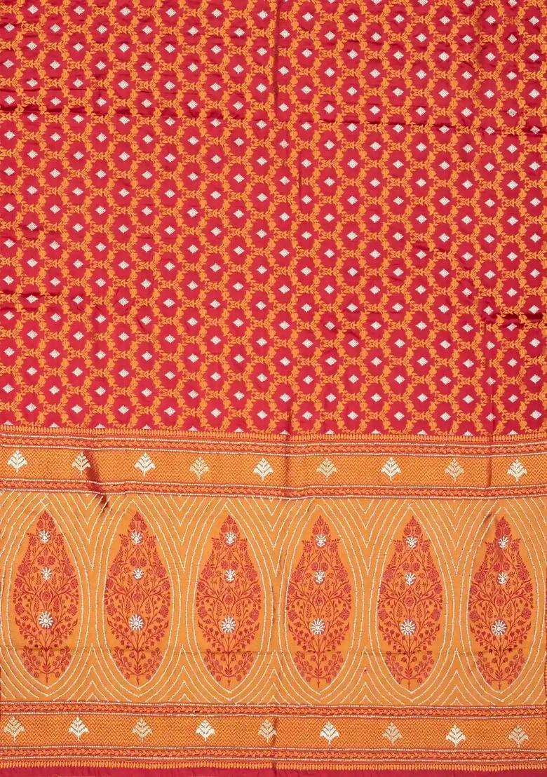 Dark Peach Woven Blended Satin Art Silk Saree With Floral Jaal Motifs With Buttas And Brocade Design For Women - Indya