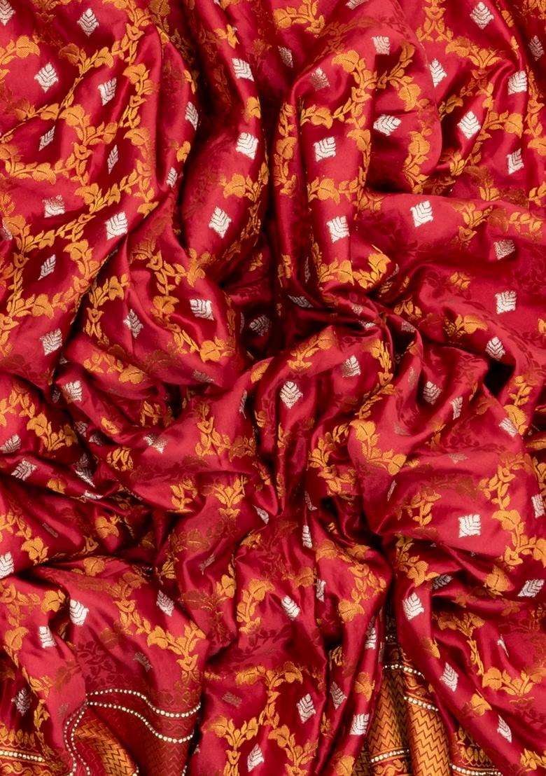 Dark Peach Woven Blended Satin Art Silk Saree With Floral Jaal Motifs With Buttas And Brocade Design For Women - Indya
