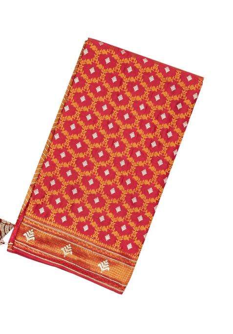 Dark Peach Woven Blended Satin Art Silk Saree With Floral Jaal Motifs With Buttas And Brocade Design For Women