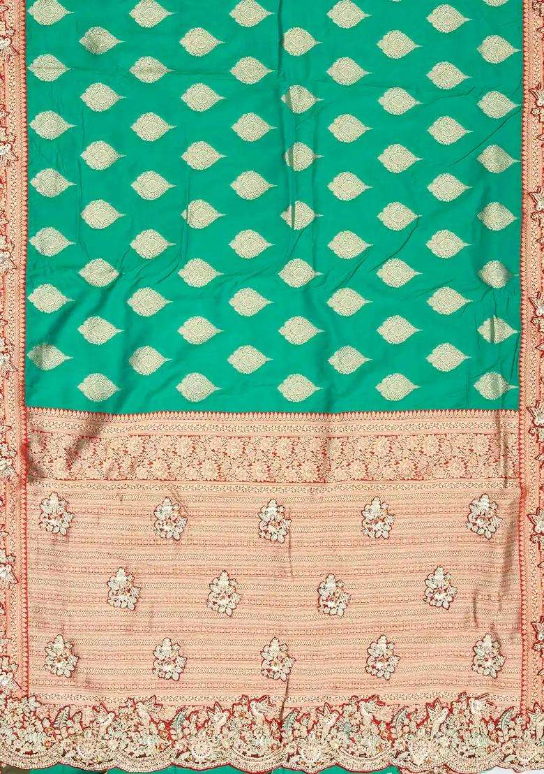 Aquamarine Woven Blended Satin Art Silk Saree With Embroidered Floral Motifs For Women - Indya