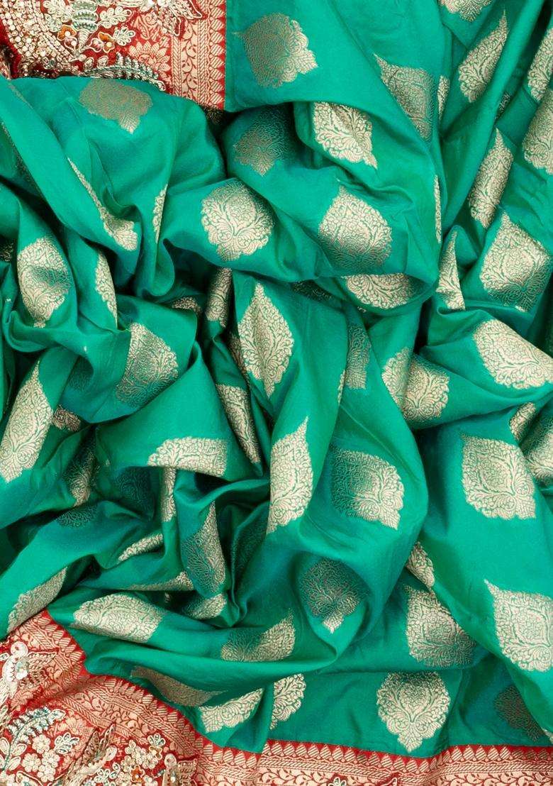 Aquamarine Woven Blended Satin Art Silk Saree With Embroidered Floral Motifs For Women - Indya