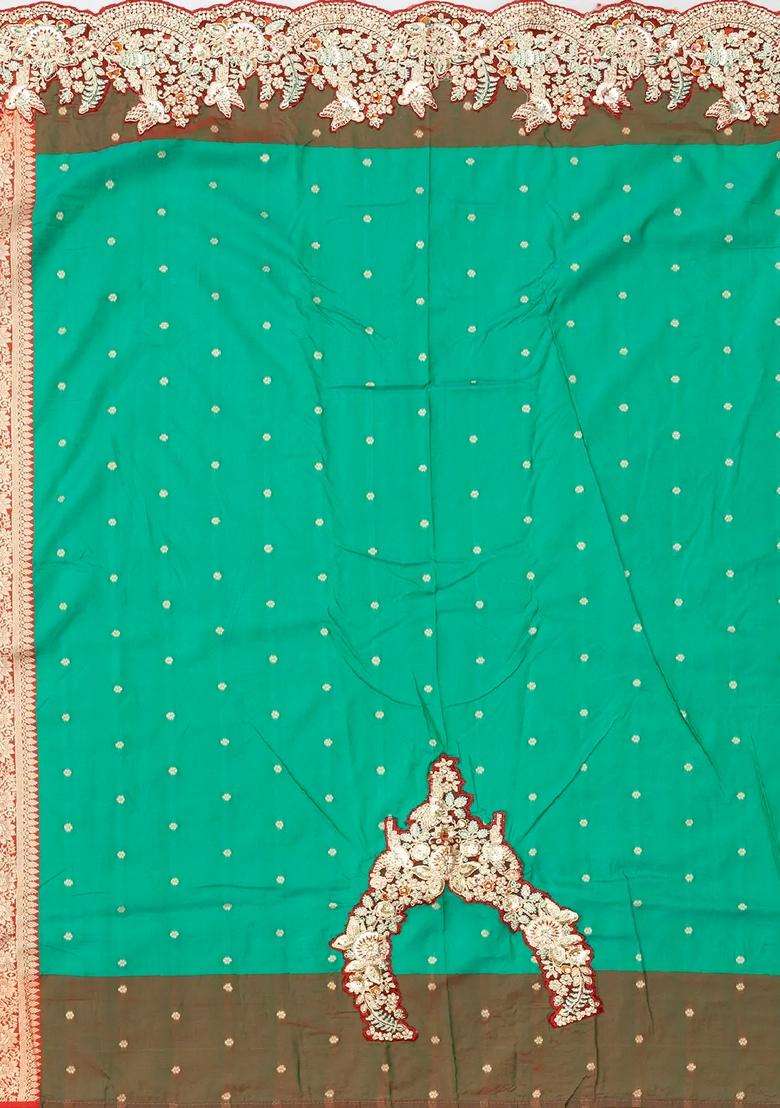 Aquamarine Woven Blended Satin Art Silk Saree With Embroidered Floral Motifs For Women - Indya