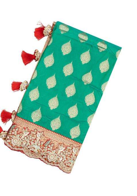 Aquamarine Woven Blended Satin Art Silk Saree With Embroidered Floral Motifs For Women