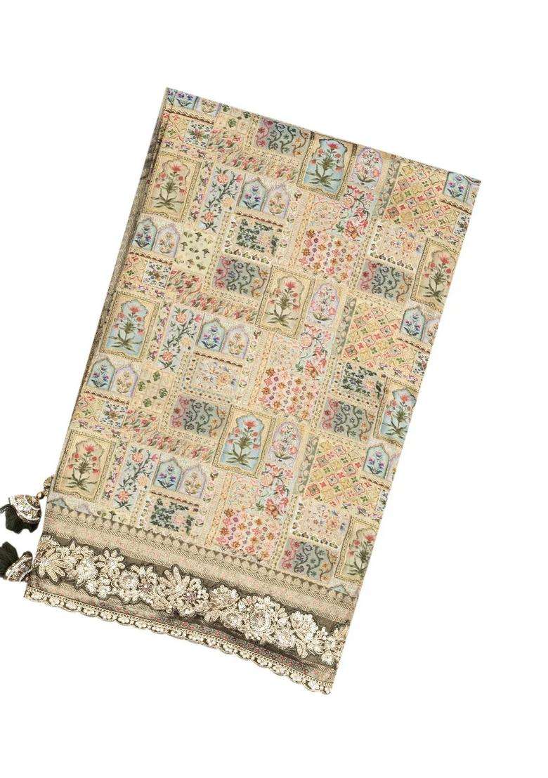 Taupe Woven Blended Viscose Art Silk Saree With Embroidered Floral Motifs For Women - Indya