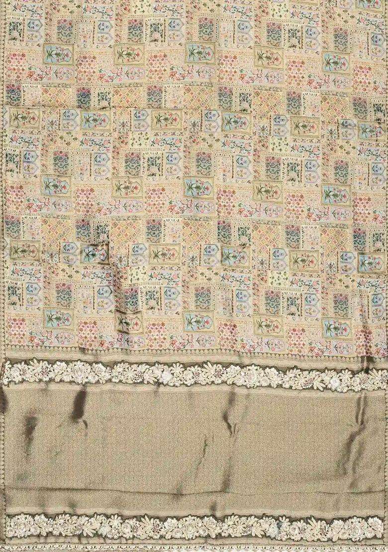 Taupe Woven Blended Viscose Art Silk Saree With Embroidered Floral Motifs For Women - Indya