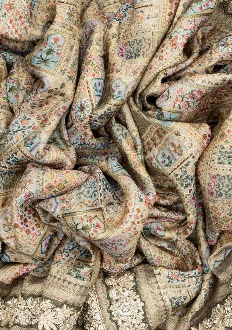 Taupe Woven Blended Viscose Art Silk Saree With Embroidered Floral Motifs For Women - Indya