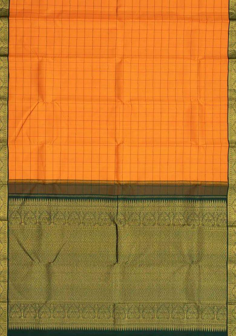 Mango Yellow Handloom Korvai Kanchipuram Silk Saree With Checks With Korvai And Temple Border Design For Women - Indya