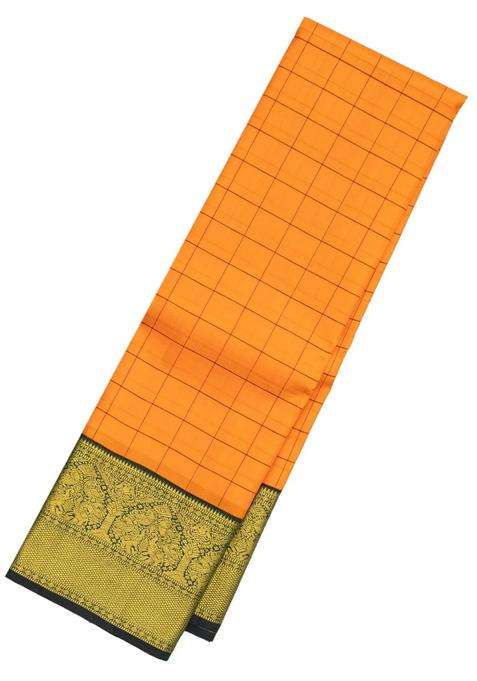 Mango Yellow Handloom Korvai Kanchipuram Silk Saree With Checks With Korvai And Temple Border Design For Women