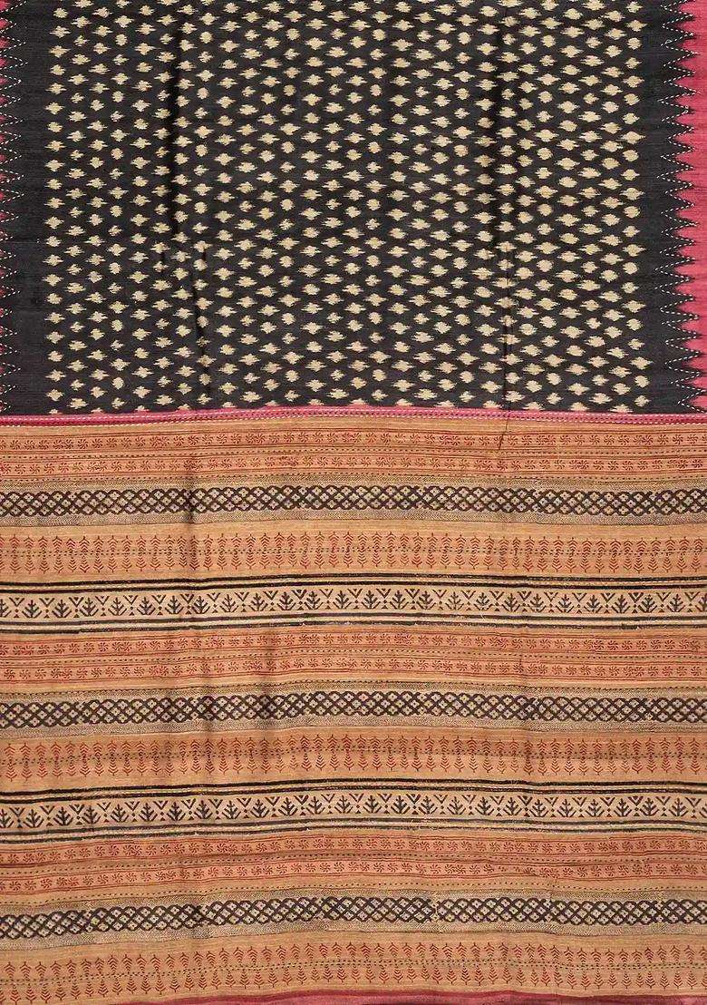 Black Handloom Tussar Silk Saree With Printed Diamond Motifs For Women - Indya