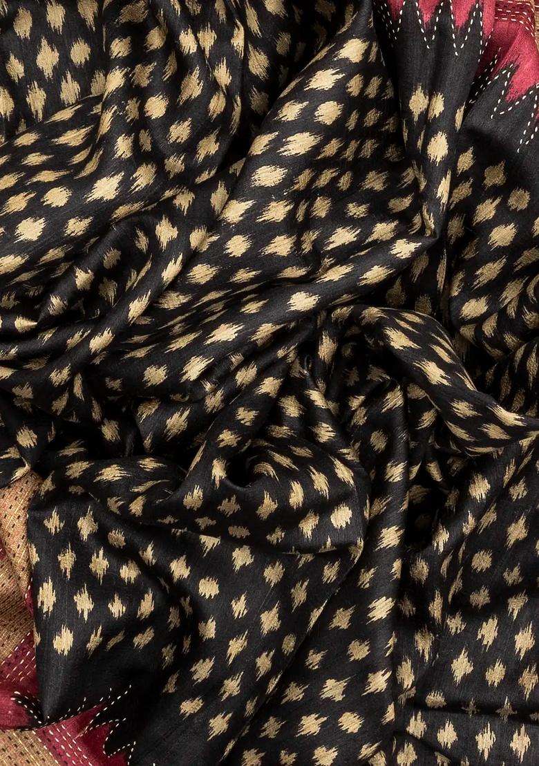 Black Handloom Tussar Silk Saree With Printed Diamond Motifs For Women - Indya