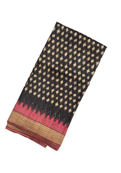 Black Handloom Tussar Silk Saree With Printed Diamond Motifs For Women