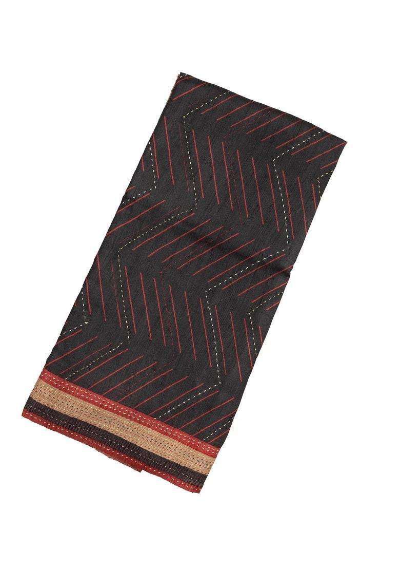 Black Handloom Tussar Silk Saree With Printed Chevron Motifs For Women - Indya