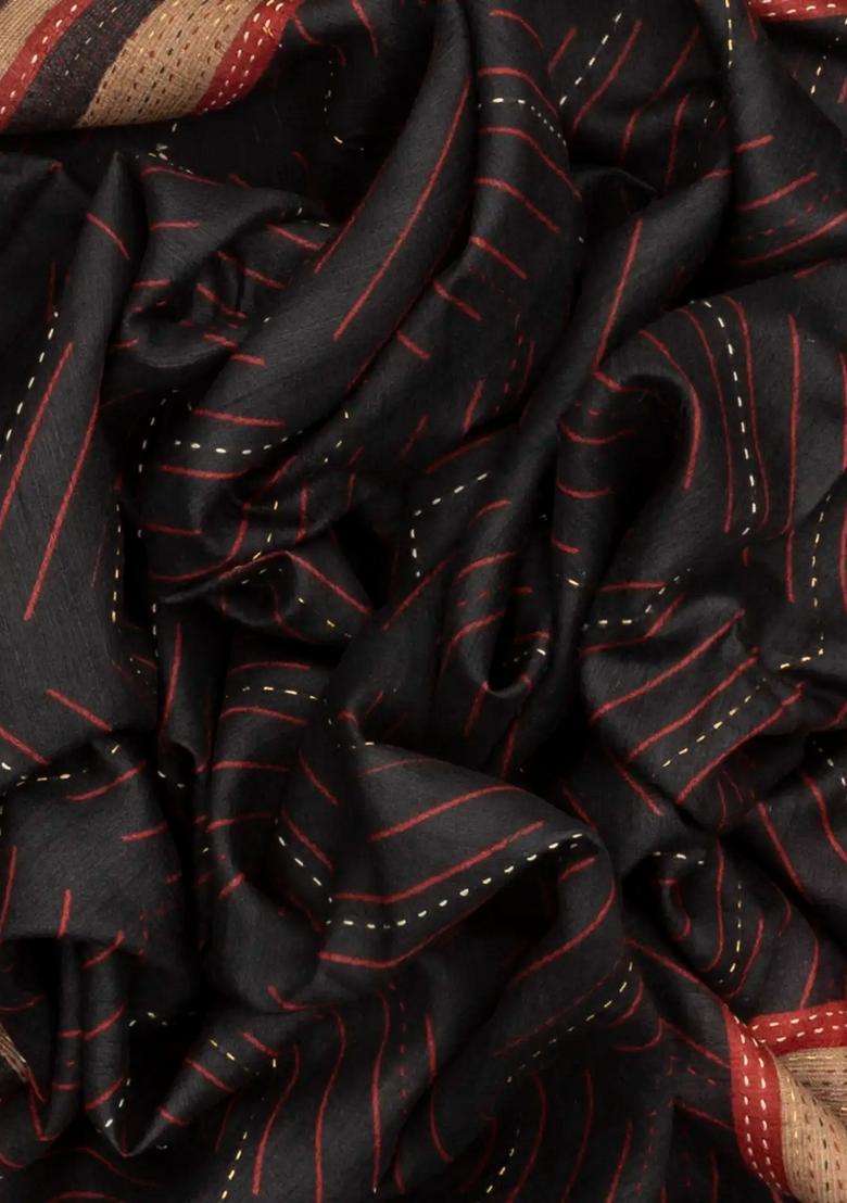 Black Handloom Tussar Silk Saree With Printed Chevron Motifs For Women - Indya