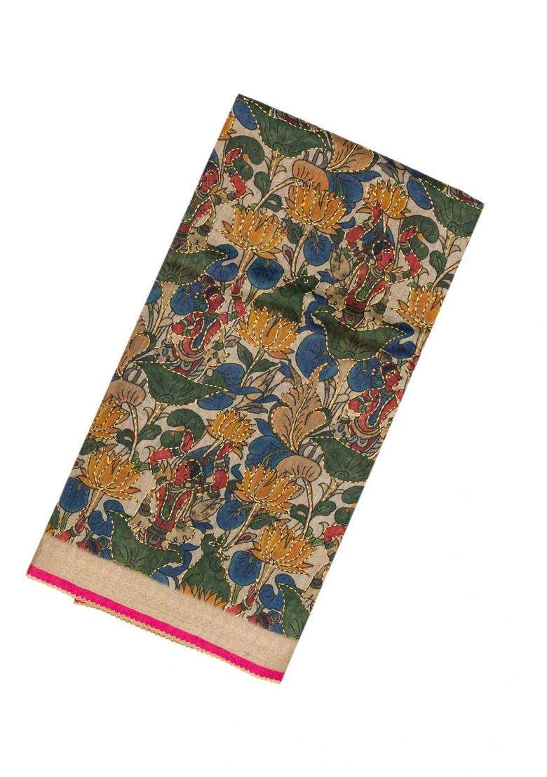 Beige Handloom Tussar Silk Saree With Embroidered Printed Madhubani Motifs For Women - Indya
