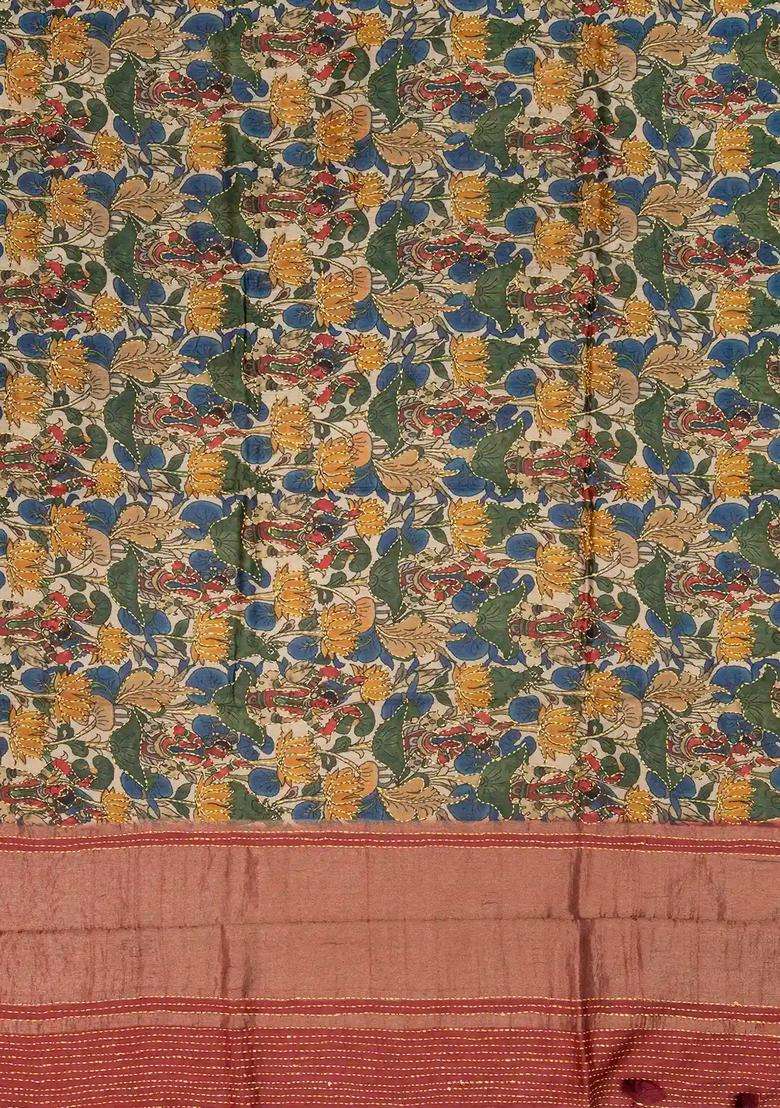 Beige Handloom Tussar Silk Saree With Embroidered Printed Madhubani Motifs For Women - Indya