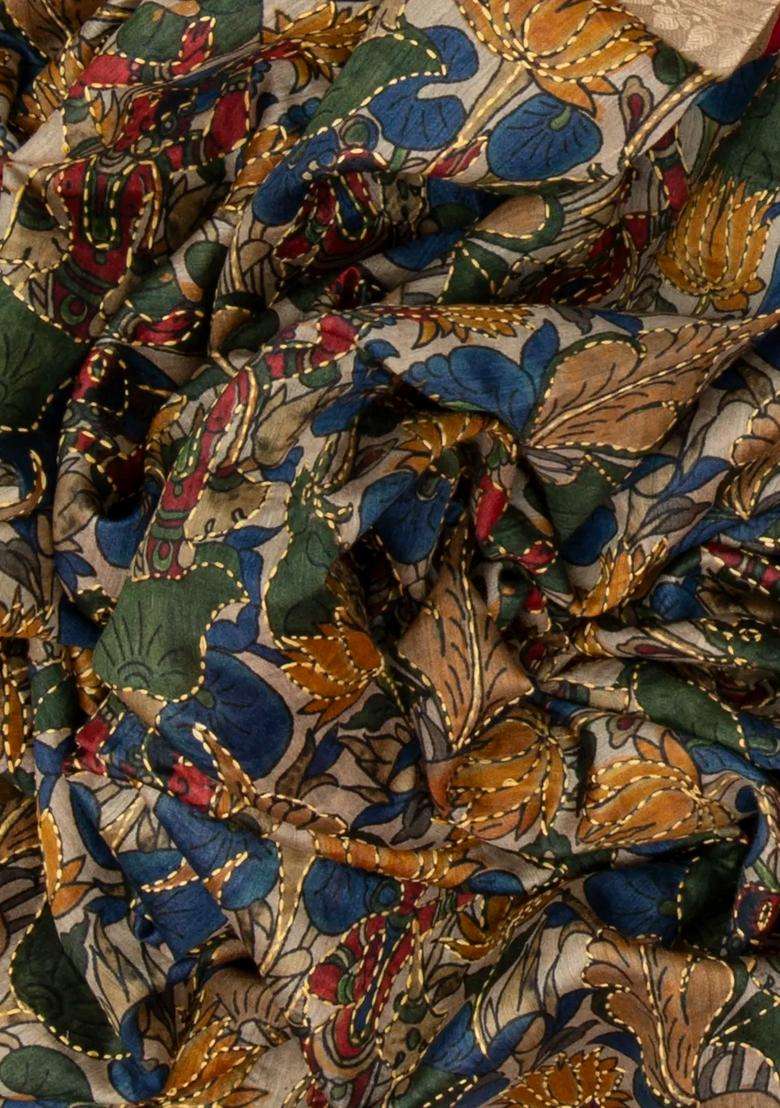 Beige Handloom Tussar Silk Saree With Embroidered Printed Madhubani Motifs For Women - Indya