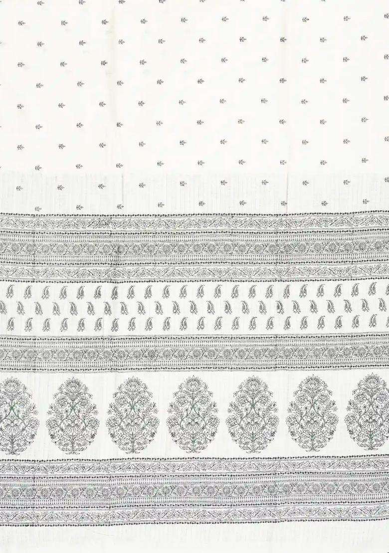 White Handloom Tussar Silk Saree With Printed Floral Motifs For Women - Indya