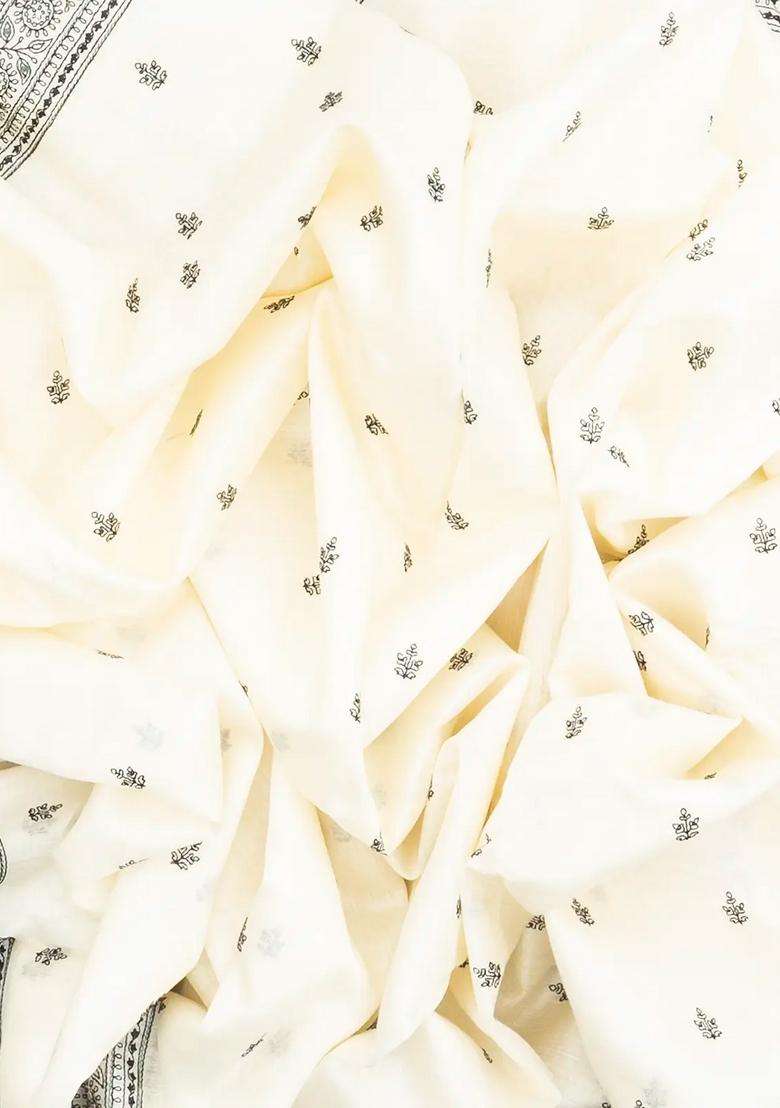 White Handloom Tussar Silk Saree With Printed Floral Motifs For Women - Indya