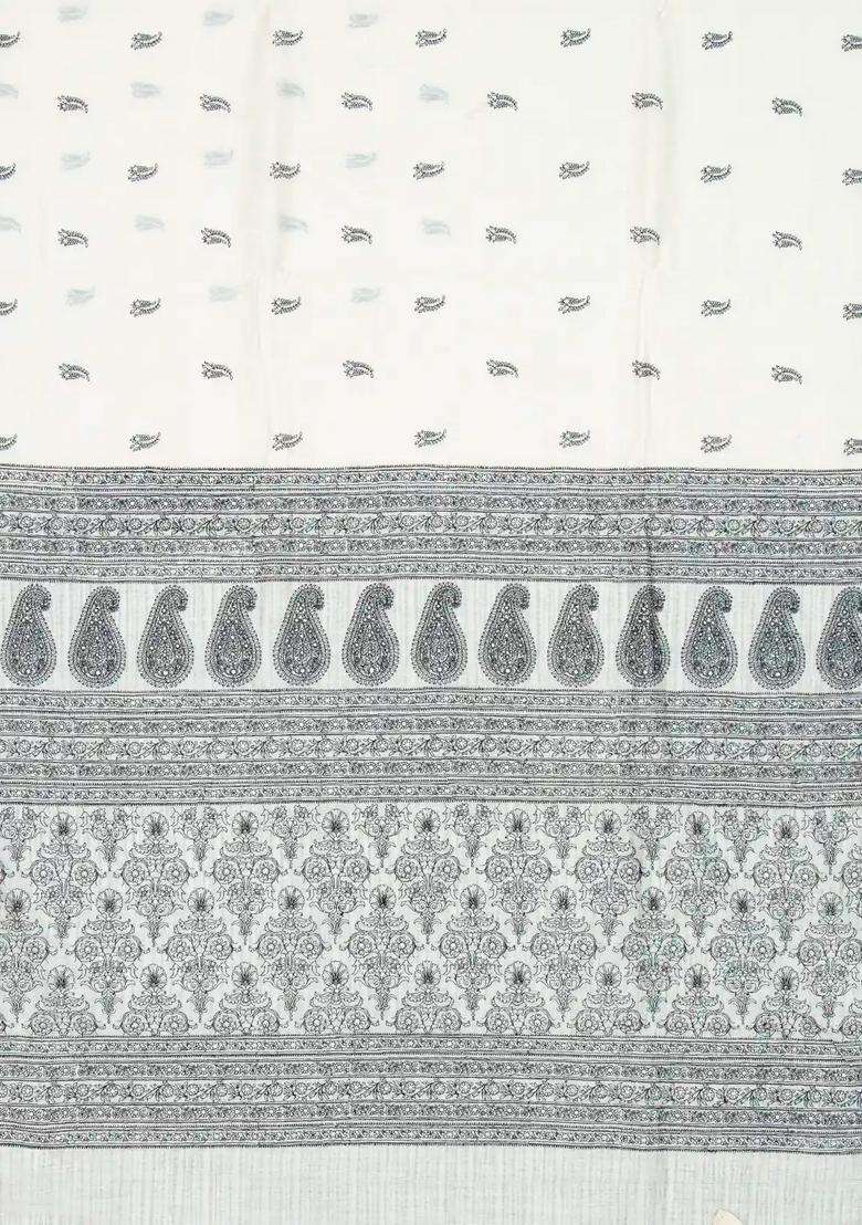 White Handloom Tussar Silk Saree With Printed Floral Motifs For Women - Indya