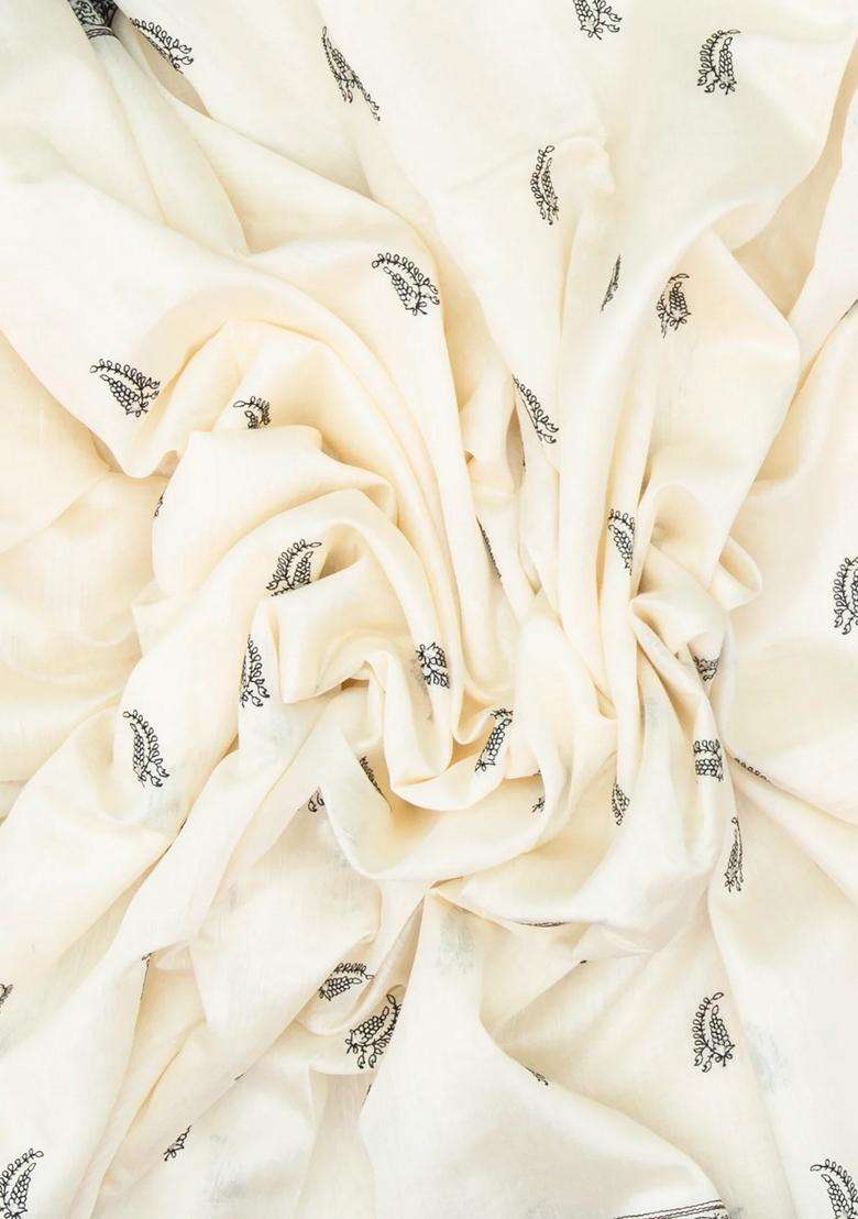 White Handloom Tussar Silk Saree With Printed Floral Motifs For Women - Indya