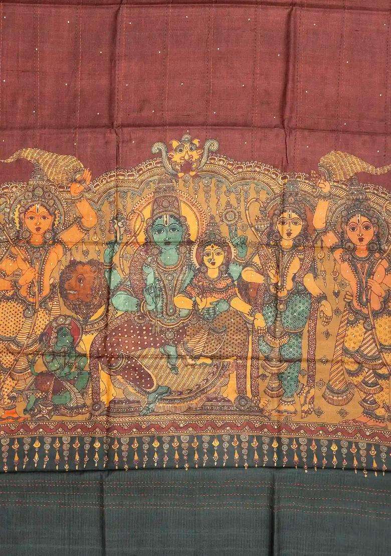 Dusty Pink Handloom Tussar Silk Saree With Printed Lord Ram Motifs For Women - Indya