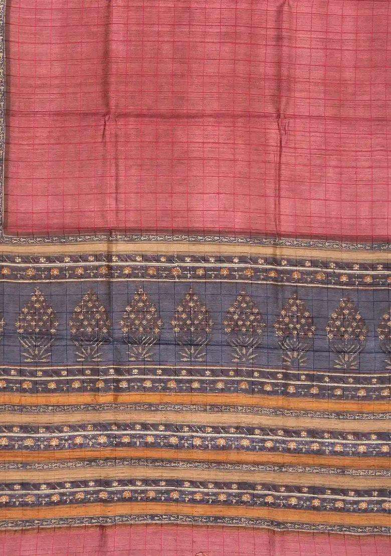 Dusty Pink Handloom Tussar Silk Saree With Printed Floral Motifs For Women - Indya