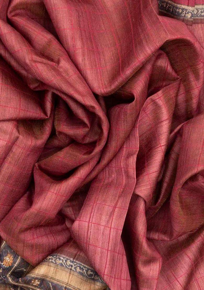 Dusty Pink Handloom Tussar Silk Saree With Printed Floral Motifs For Women - Indya