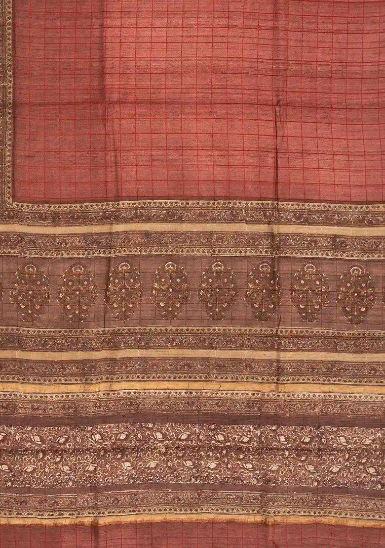 Dark Peach Handloom Tussar Silk Saree With Printed Floral Motifs For Women - Indya