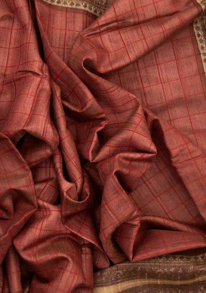 Dark Peach Handloom Tussar Silk Saree With Printed Floral Motifs For Women - Indya