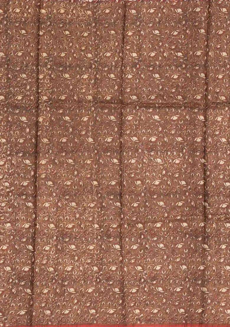 Dark Peach Handloom Tussar Silk Saree With Printed Floral Motifs For Women - Indya
