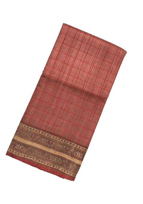 Dark Peach Handloom Tussar Silk Saree With Printed Floral Motifs For Women