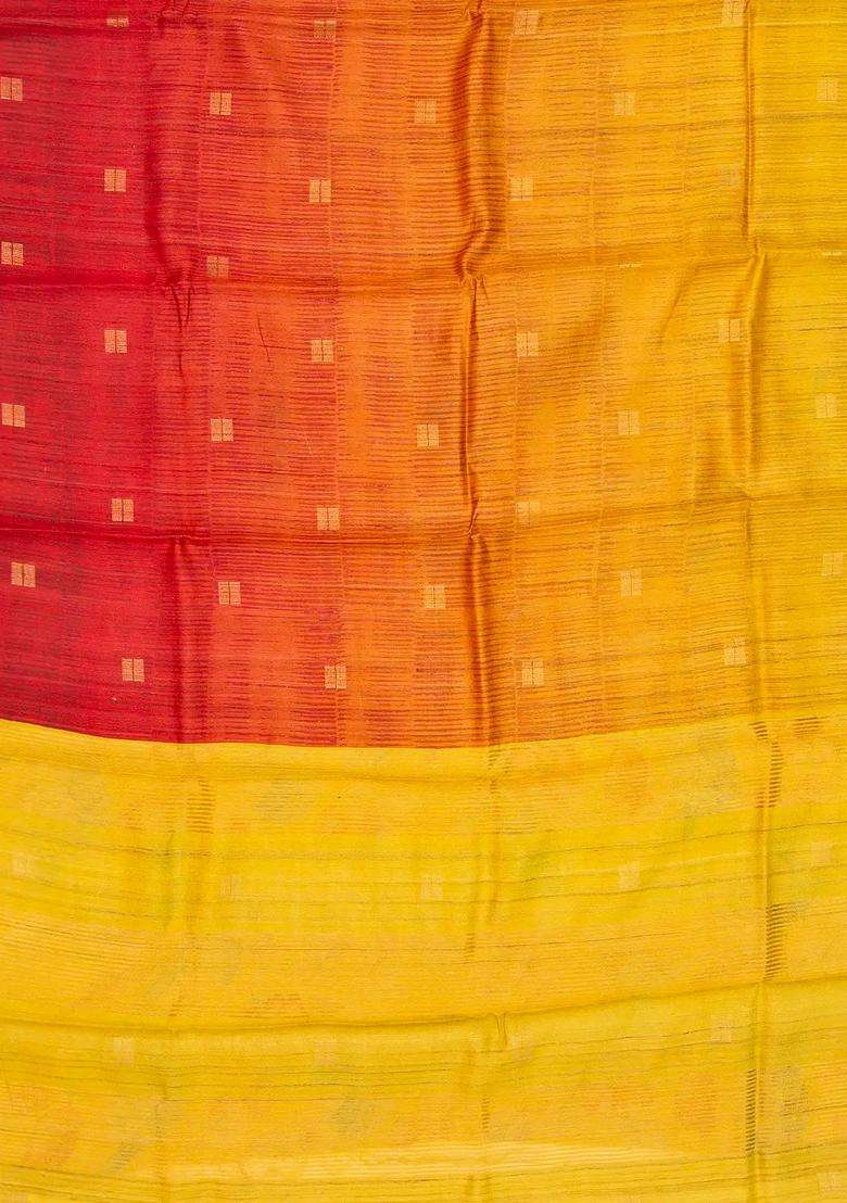 Red Handloom Tussar Silk Saree With Ombre Effect With Buttas And Brocade Design For Women - Indya