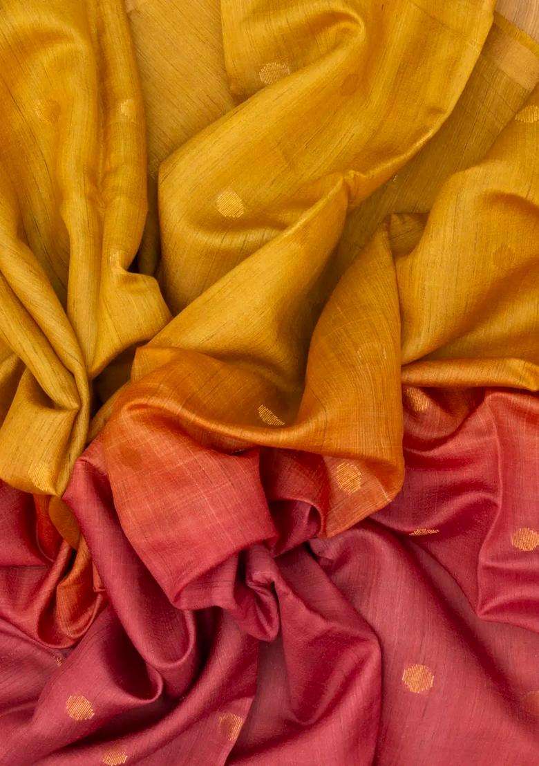 Dusty Peach Handloom Tussar Silk Saree With Ombre Effect With Buttas And Brocade Design For Women - Indya