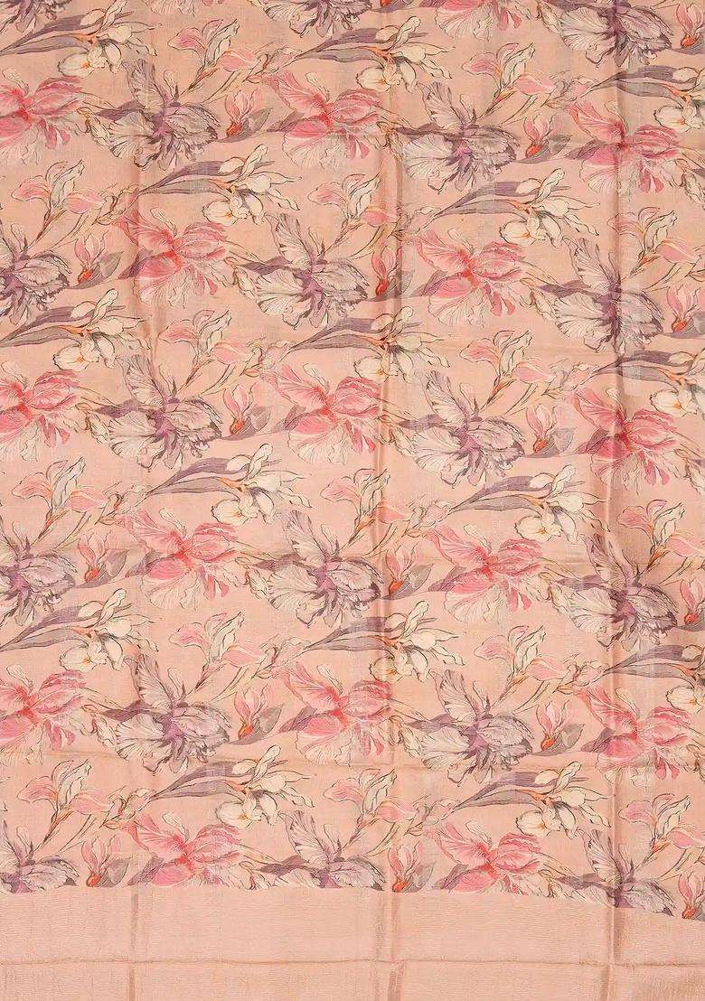Baby Pink Handloom Tussar Silk Saree With Printed Floral Motifs For Women - Indya