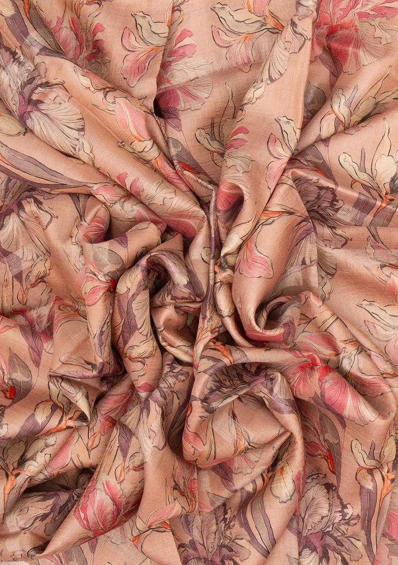 Baby Pink Handloom Tussar Silk Saree With Printed Floral Motifs For Women - Indya