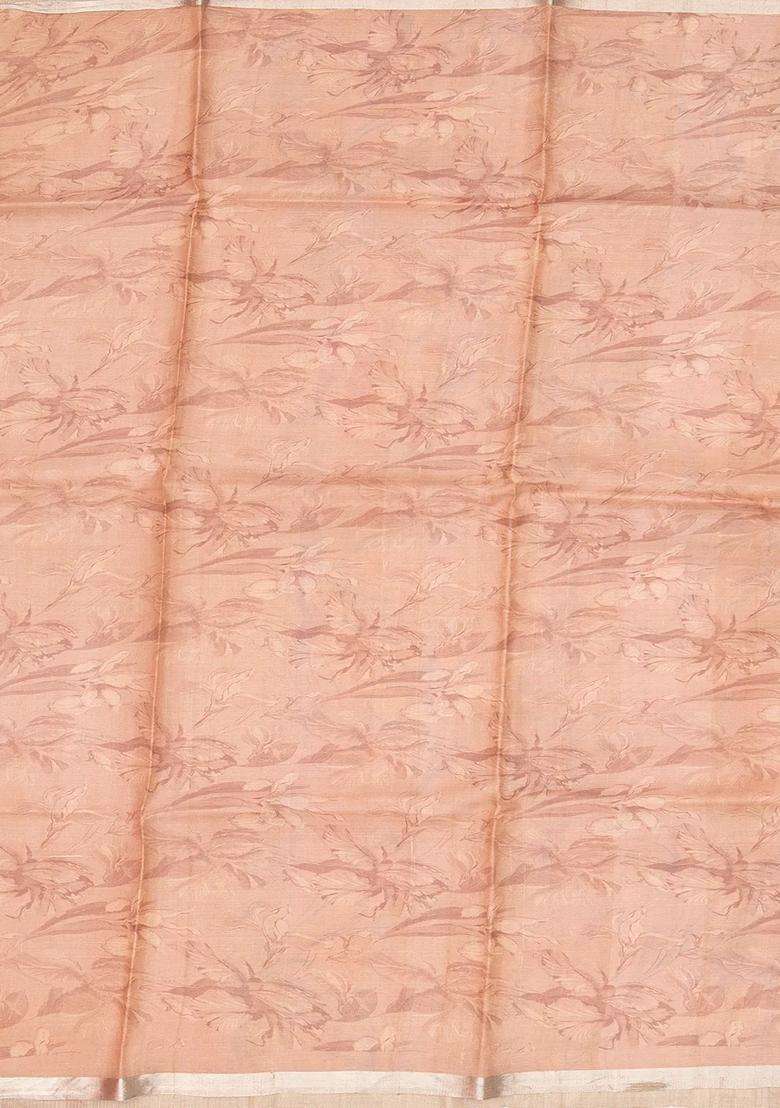 Baby Pink Handloom Tussar Silk Saree With Printed Floral Motifs For Women - Indya