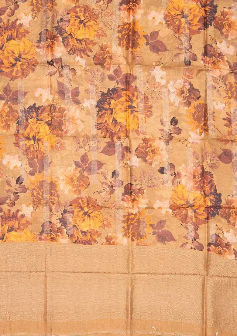 Beige Handloom Tussar Silk Saree With Printed Floral Motifs For Women - Indya