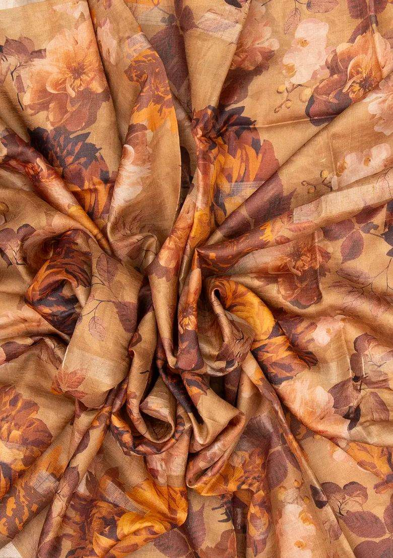 Beige Handloom Tussar Silk Saree With Printed Floral Motifs For Women - Indya