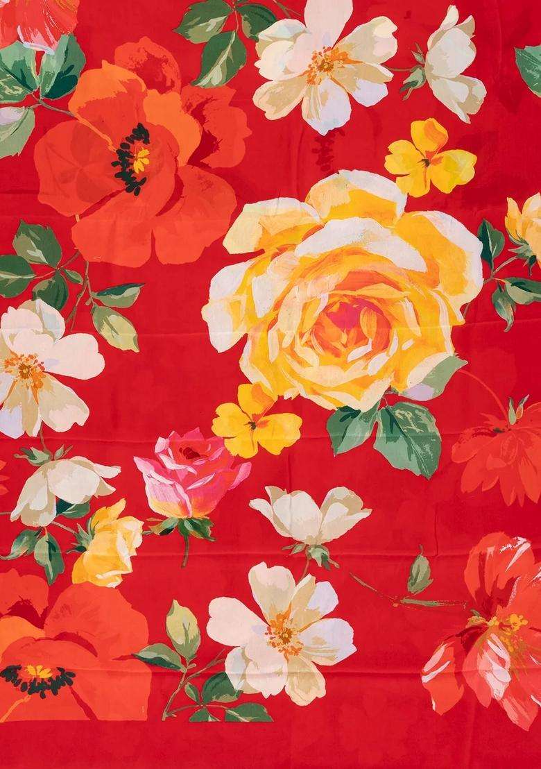 Red Woven Crepe Silk Saree With Printed Floral Motifs For Women - Indya