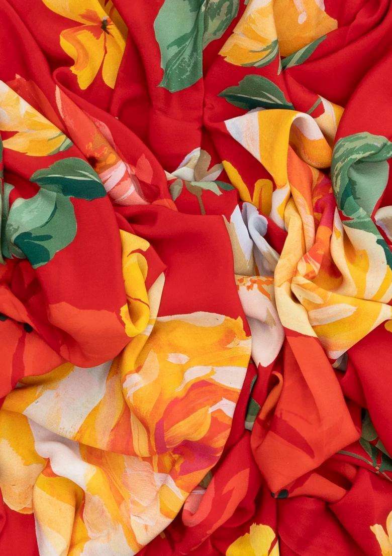 Red Woven Crepe Silk Saree With Printed Floral Motifs For Women - Indya