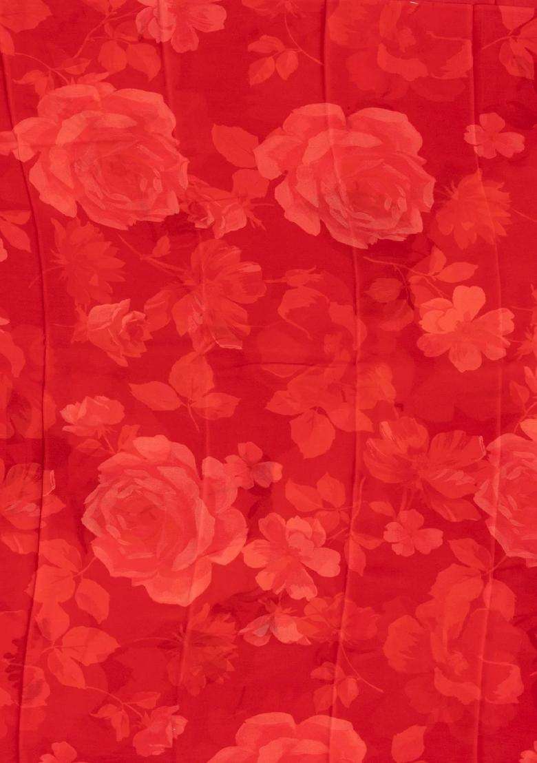 Red Woven Crepe Silk Saree With Printed Floral Motifs For Women - Indya