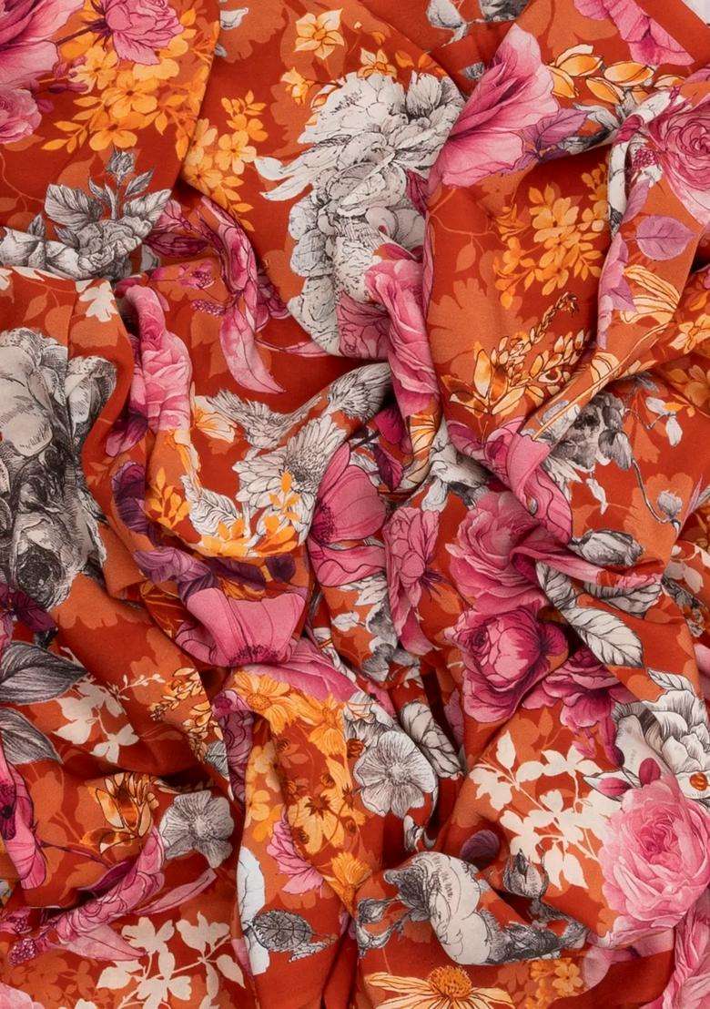 Red Woven Crepe Silk Saree With Printed Floral Motifs For Women - Indya
