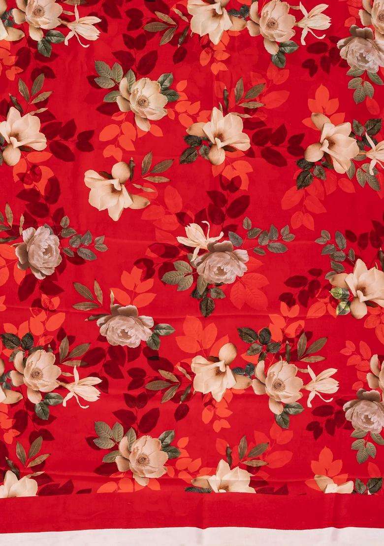Red Woven Crepe Silk Saree With Printed Floral Motifs For Women - Indya